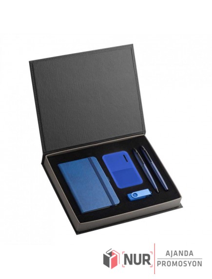 Metal USB Bellek Powerbank ve Termo Deri Defter Seti
